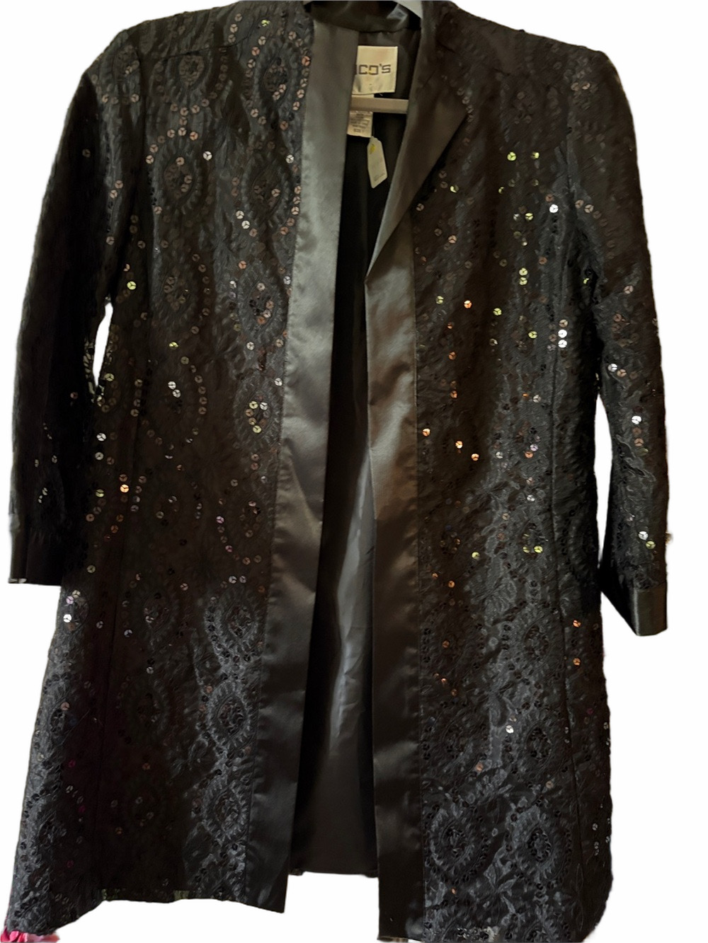 Chico’s black sequined open front evening coat 3/4 sleeve. M size 8 Chico 1